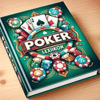 Ett pokerlexikon som ligger på ett bord. Bokomslaget är dekoreret med spelkort och pokermarker. 
