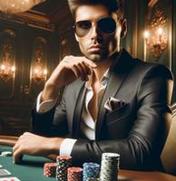 Pokerproffs vid ett pokerbord. Pokerspelaren har solglasögon och tittar mot kameran. Vid armen på bordet står staplar med marker. 